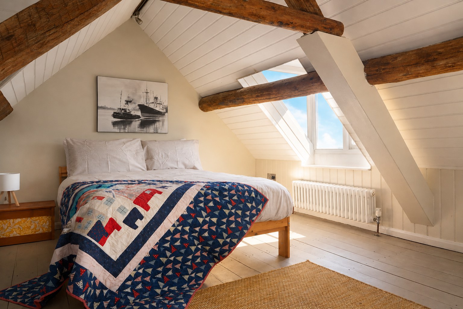 Attic bedroom under original beams
