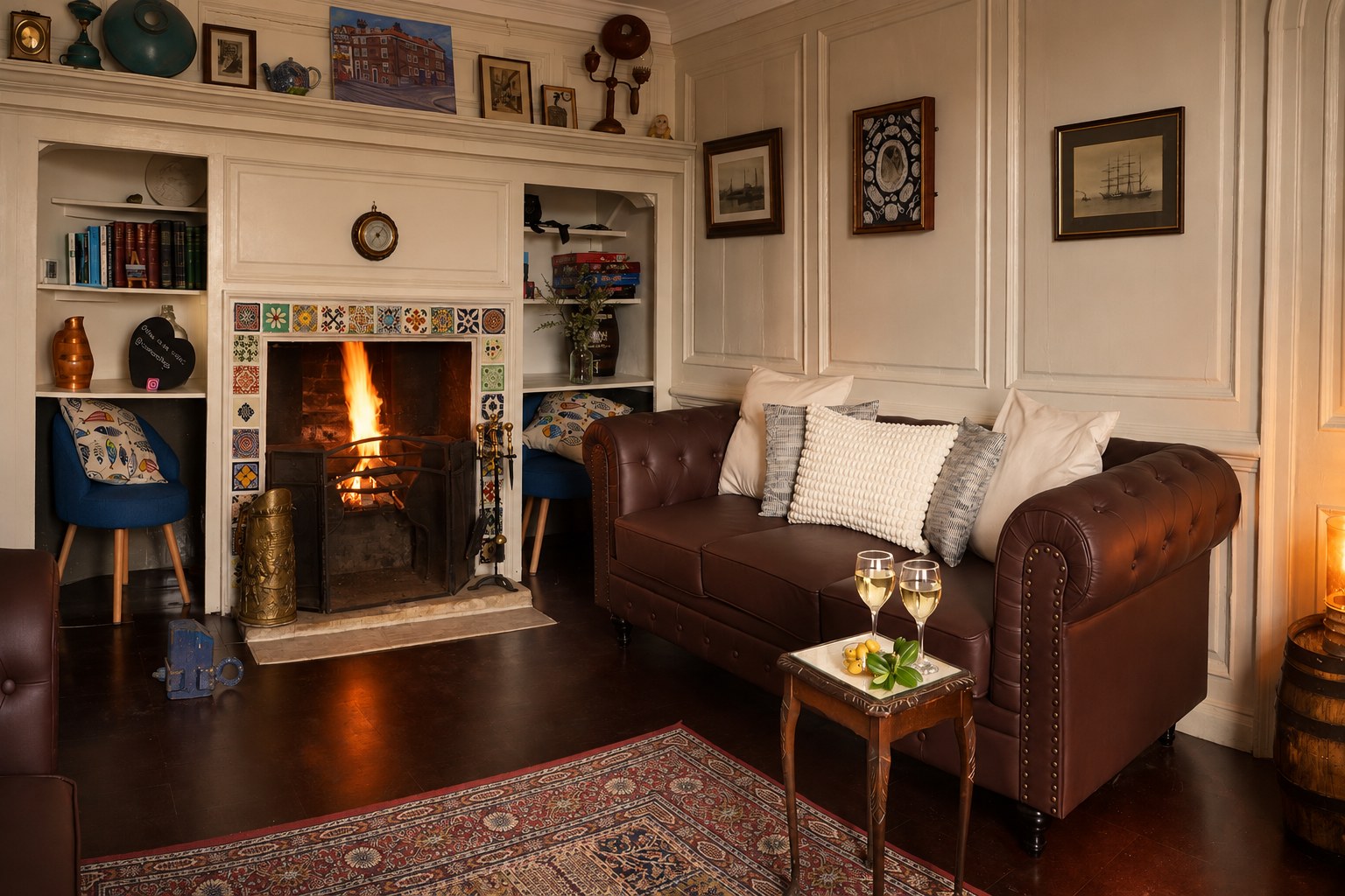 Sitting room with fireplace and chesterfield sofa